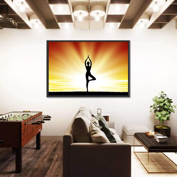 Woman Practice Yoga At Beach During Sunset Canvas Wall Art-3 Horizontal-Gallery Wrap-25" x 16"-Tiaracle