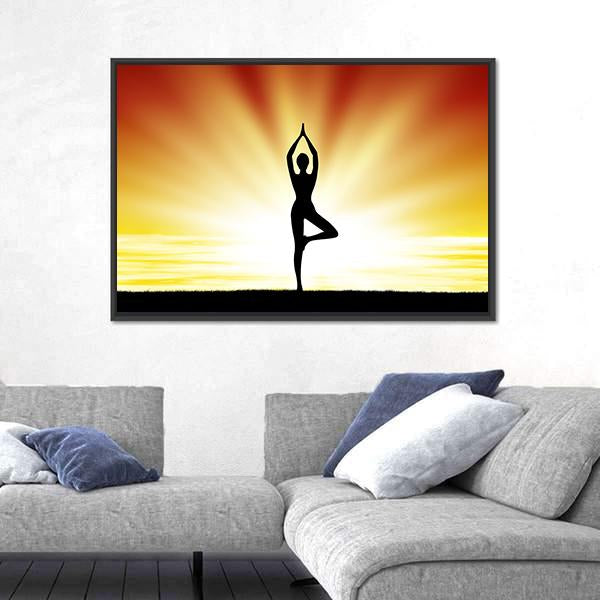 Woman Practice Yoga At Beach During Sunset Canvas Wall Art-3 Horizontal-Gallery Wrap-25" x 16"-Tiaracle