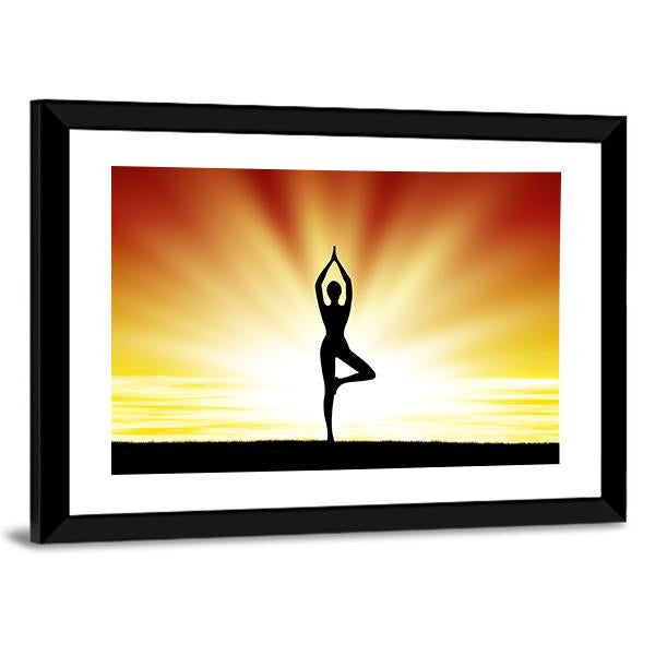 Woman Practice Yoga At Beach During Sunset Canvas Wall Art-3 Horizontal-Gallery Wrap-25" x 16"-Tiaracle