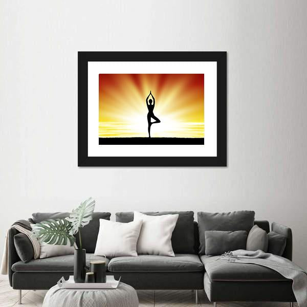 Woman Practice Yoga At Beach During Sunset Canvas Wall Art-3 Horizontal-Gallery Wrap-25" x 16"-Tiaracle