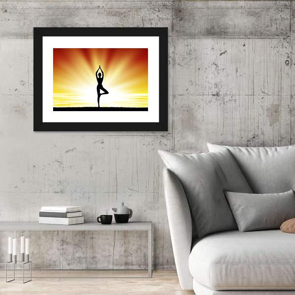 Woman Practice Yoga At Beach During Sunset Canvas Wall Art-3 Horizontal-Gallery Wrap-25" x 16"-Tiaracle