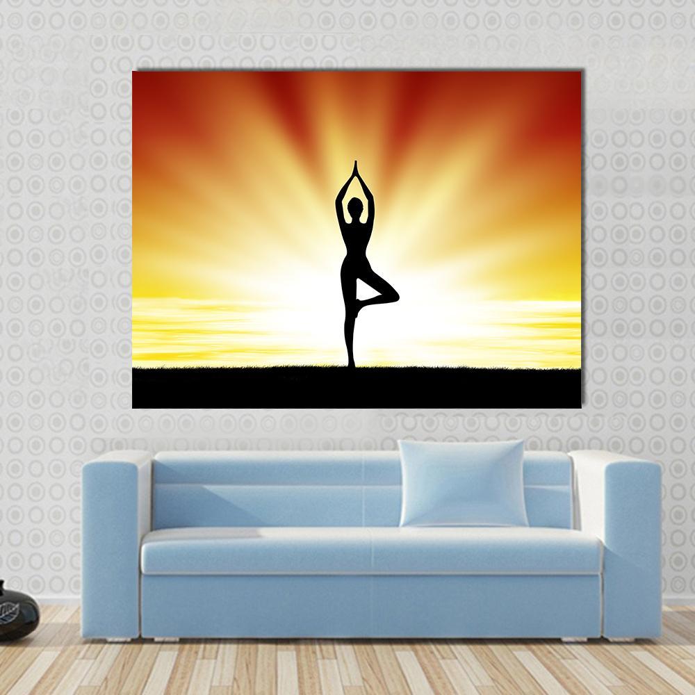 Woman Practice Yoga At Beach During Sunset Canvas Wall Art-1 Piece-Gallery Wrap-48" x 32"-Tiaracle