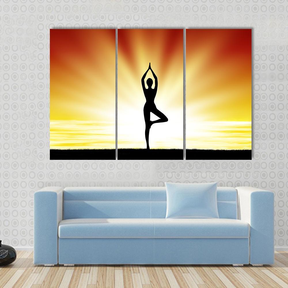 Woman Practice Yoga At Beach During Sunset Canvas Wall Art-3 Horizontal-Gallery Wrap-37" x 24"-Tiaracle