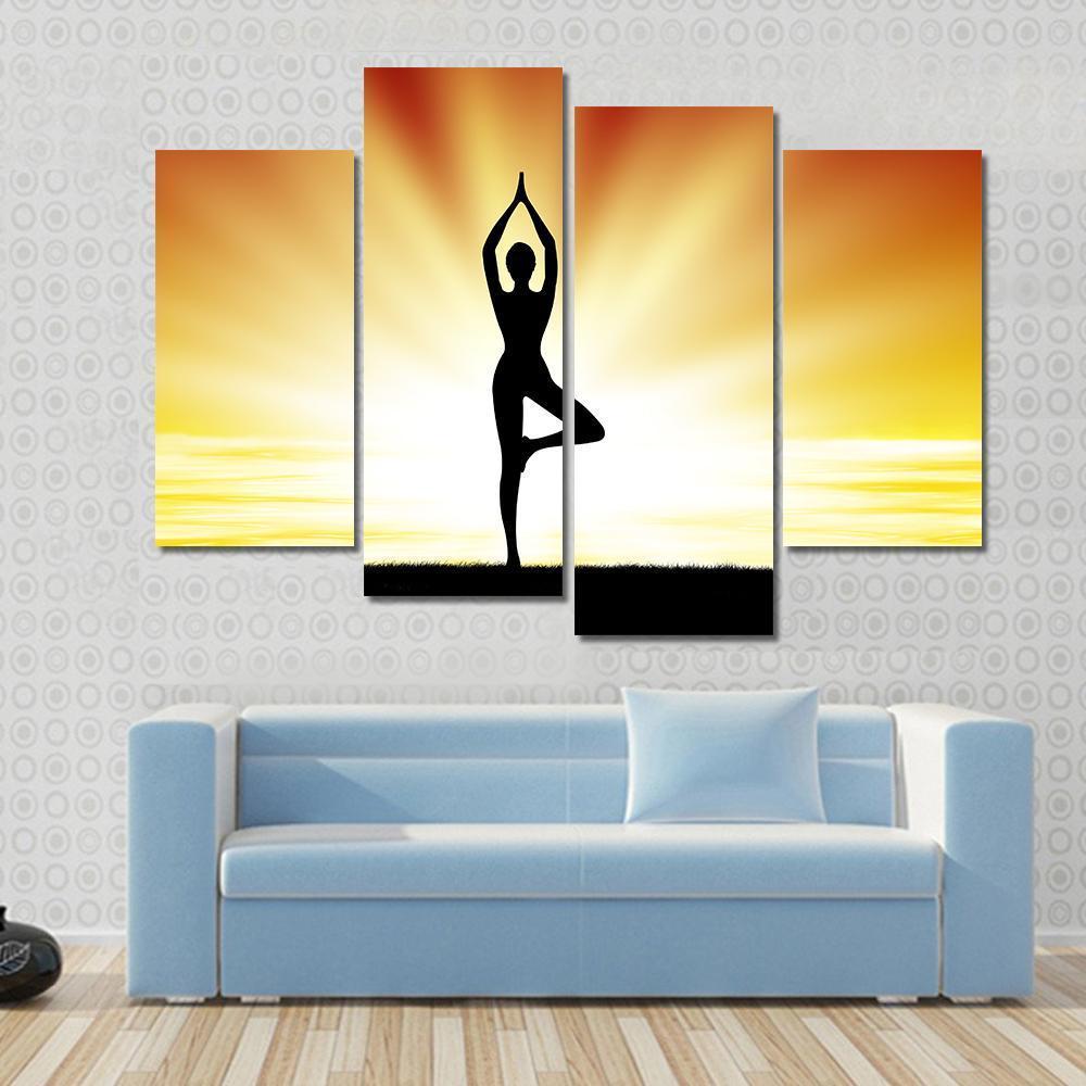 Woman Practice Yoga At Beach During Sunset Canvas Wall Art-4 Pop-Gallery Wrap-50" x 32"-Tiaracle