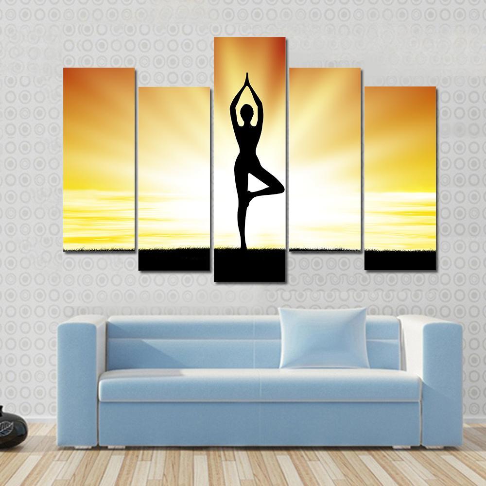 Woman Practice Yoga At Beach During Sunset Canvas Wall Art-5 Pop-Gallery Wrap-47" x 32"-Tiaracle