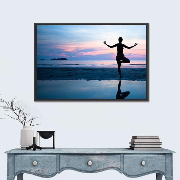 Woman Practicing Yoga On The Beach After Sunset Canvas Wall Art-1 Piece-Floating Frame-24" x 16"-Tiaracle