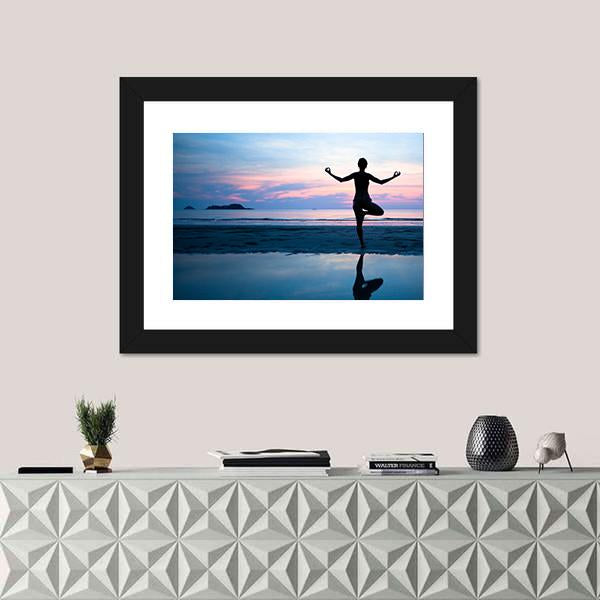 Woman Practicing Yoga On The Beach After Sunset Canvas Wall Art-1 Piece-Framed Print-20" x 16"-Tiaracle