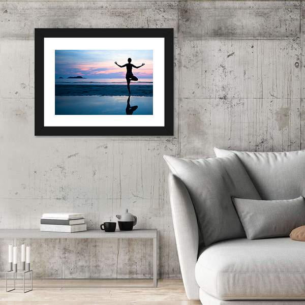 Woman Practicing Yoga On The Beach After Sunset Canvas Wall Art-3 Horizontal-Gallery Wrap-25" x 16"-Tiaracle