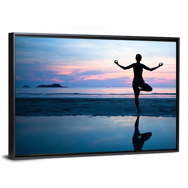 Woman Practicing Yoga On The Beach After Sunset Canvas Wall Art-3 Horizontal-Gallery Wrap-25" x 16"-Tiaracle