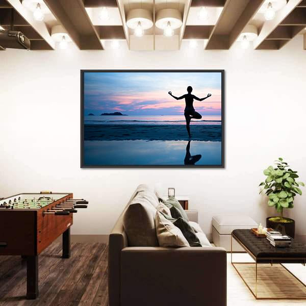 Woman Practicing Yoga On The Beach After Sunset Canvas Wall Art-3 Horizontal-Gallery Wrap-25" x 16"-Tiaracle