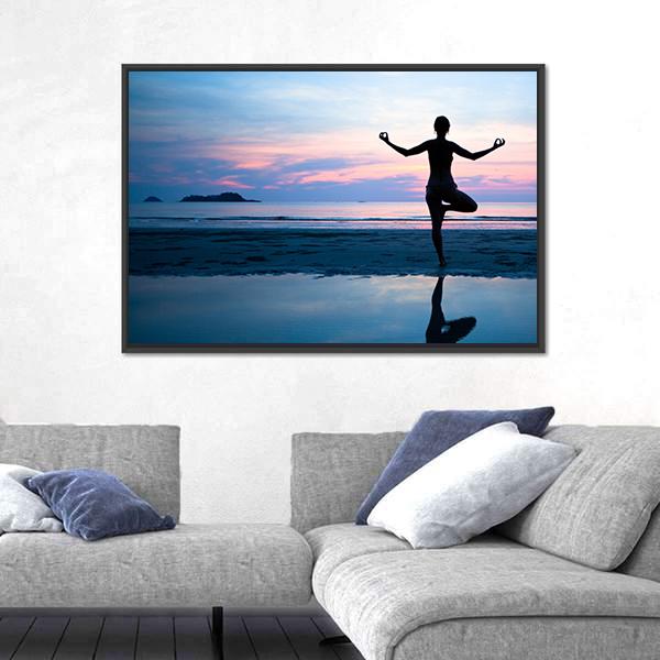 Woman Practicing Yoga On The Beach After Sunset Canvas Wall Art-3 Horizontal-Gallery Wrap-25" x 16"-Tiaracle