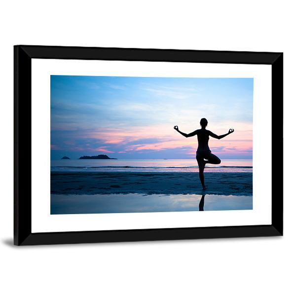 Woman Practicing Yoga On The Beach After Sunset Canvas Wall Art-3 Horizontal-Gallery Wrap-25" x 16"-Tiaracle