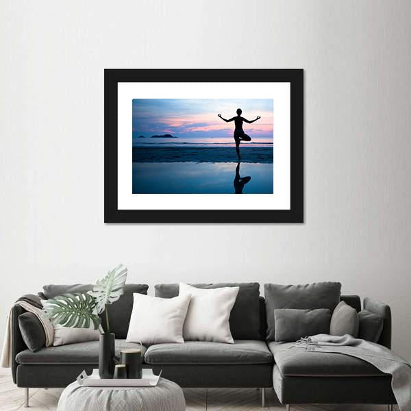 Woman Practicing Yoga On The Beach After Sunset Canvas Wall Art-3 Horizontal-Gallery Wrap-25" x 16"-Tiaracle