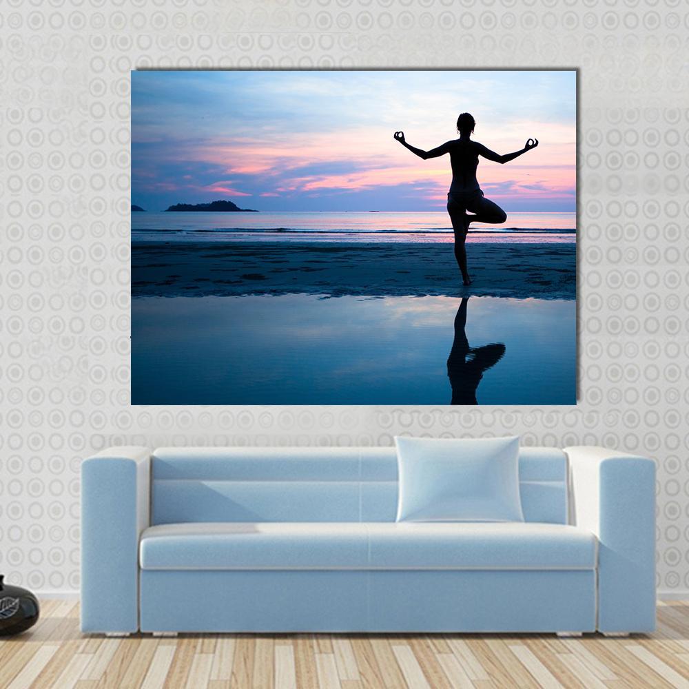 Woman Practicing Yoga On The Beach After Sunset Canvas Wall Art-1 Piece-Gallery Wrap-48" x 32"-Tiaracle