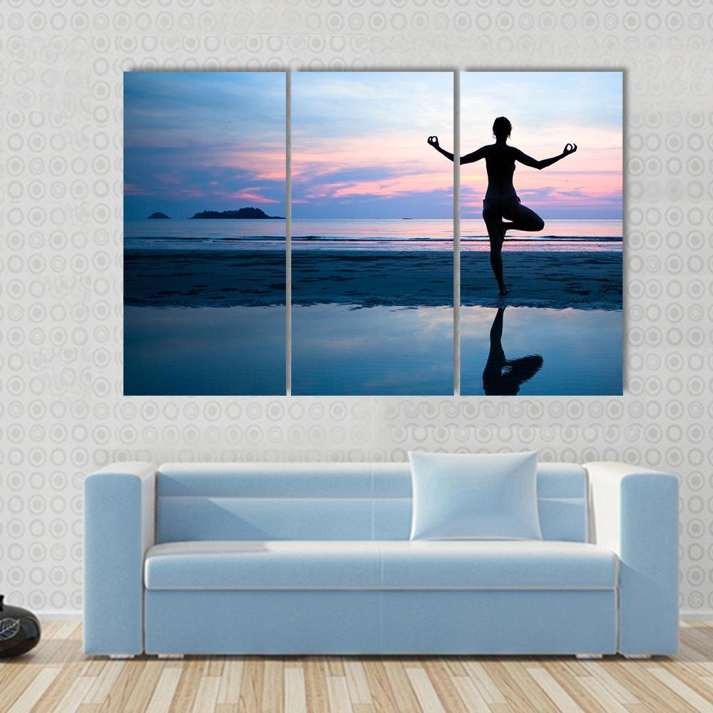 Woman Practicing Yoga On The Beach After Sunset Canvas Wall Art-3 Horizontal-Gallery Wrap-37" x 24"-Tiaracle