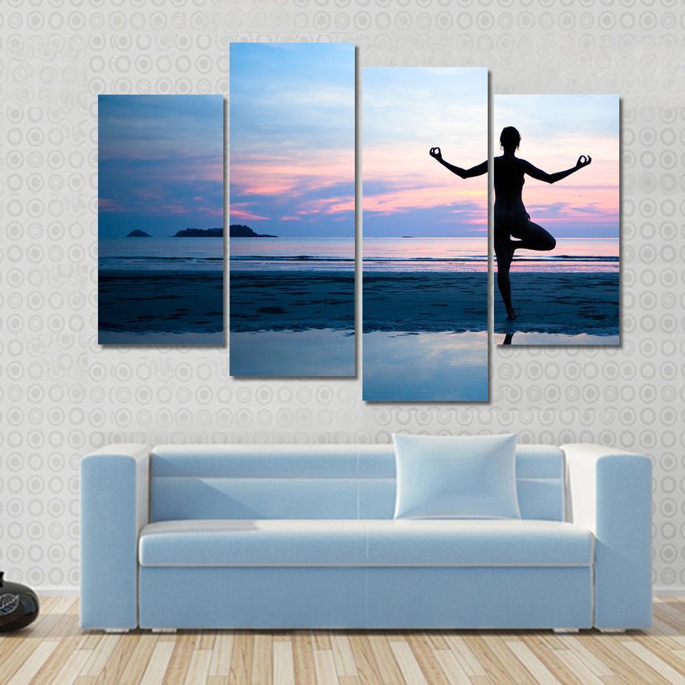 Woman Practicing Yoga On The Beach After Sunset Canvas Wall Art-4 Pop-Gallery Wrap-50" x 32"-Tiaracle