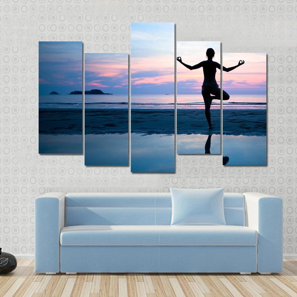 Woman Practicing Yoga On The Beach After Sunset Canvas Wall Art-5 Pop-Gallery Wrap-47" x 32"-Tiaracle