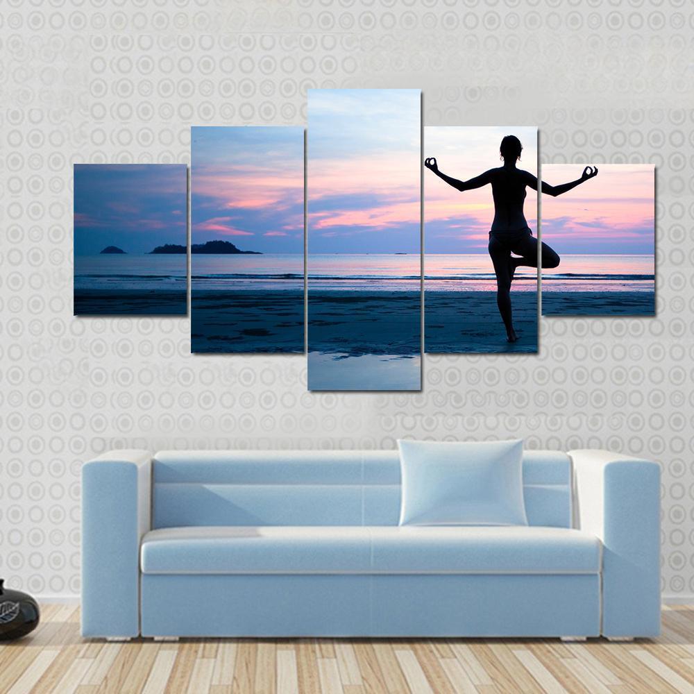 Woman Practicing Yoga On The Beach After Sunset Canvas Wall Art-5 Star-Gallery Wrap-62" x 32"-Tiaracle