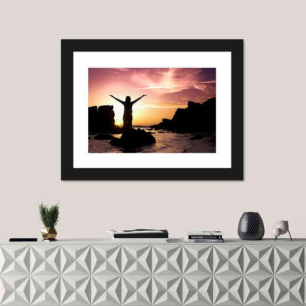 Woman Silhouette After Success Canvas Wall Art-1 Piece-Framed Print-20" x 16"-Tiaracle
