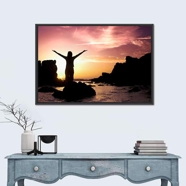 Woman Silhouette After Success Canvas Wall Art-3 Horizontal-Gallery Wrap-25" x 16"-Tiaracle