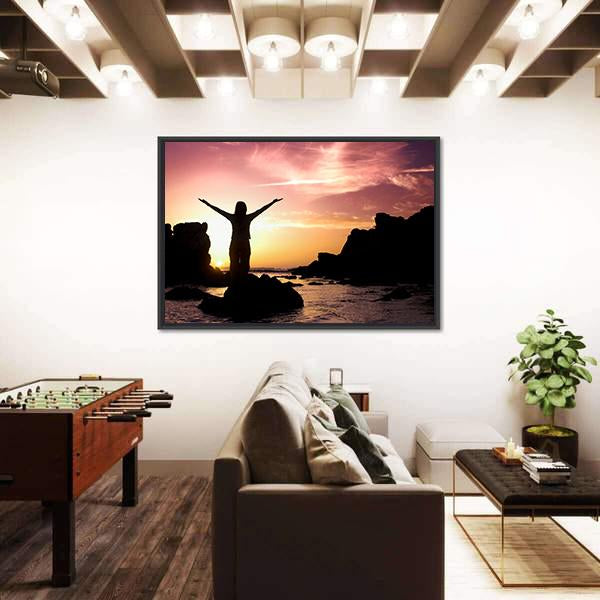 Woman Silhouette After Success Canvas Wall Art-3 Horizontal-Gallery Wrap-25" x 16"-Tiaracle