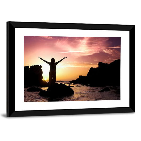 Woman Silhouette After Success Canvas Wall Art-3 Horizontal-Gallery Wrap-25" x 16"-Tiaracle