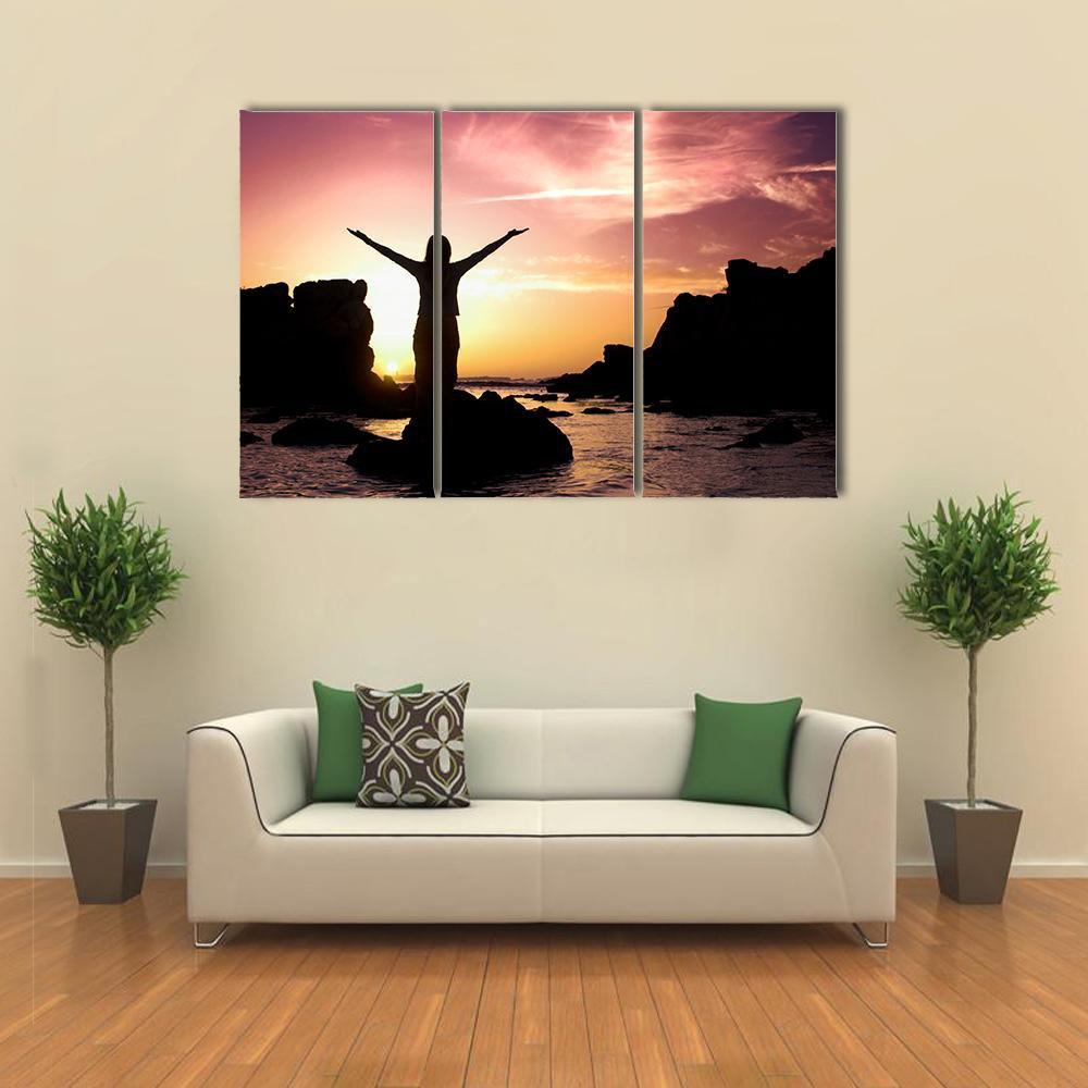 Woman Silhouette After Success Canvas Wall Art-3 Horizontal-Gallery Wrap-37" x 24"-Tiaracle
