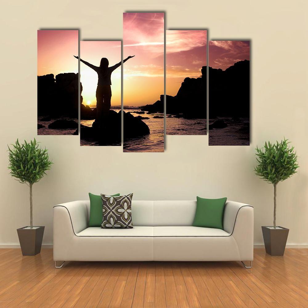 Woman Silhouette After Success Canvas Wall Art-5 Pop-Gallery Wrap-47" x 32"-Tiaracle