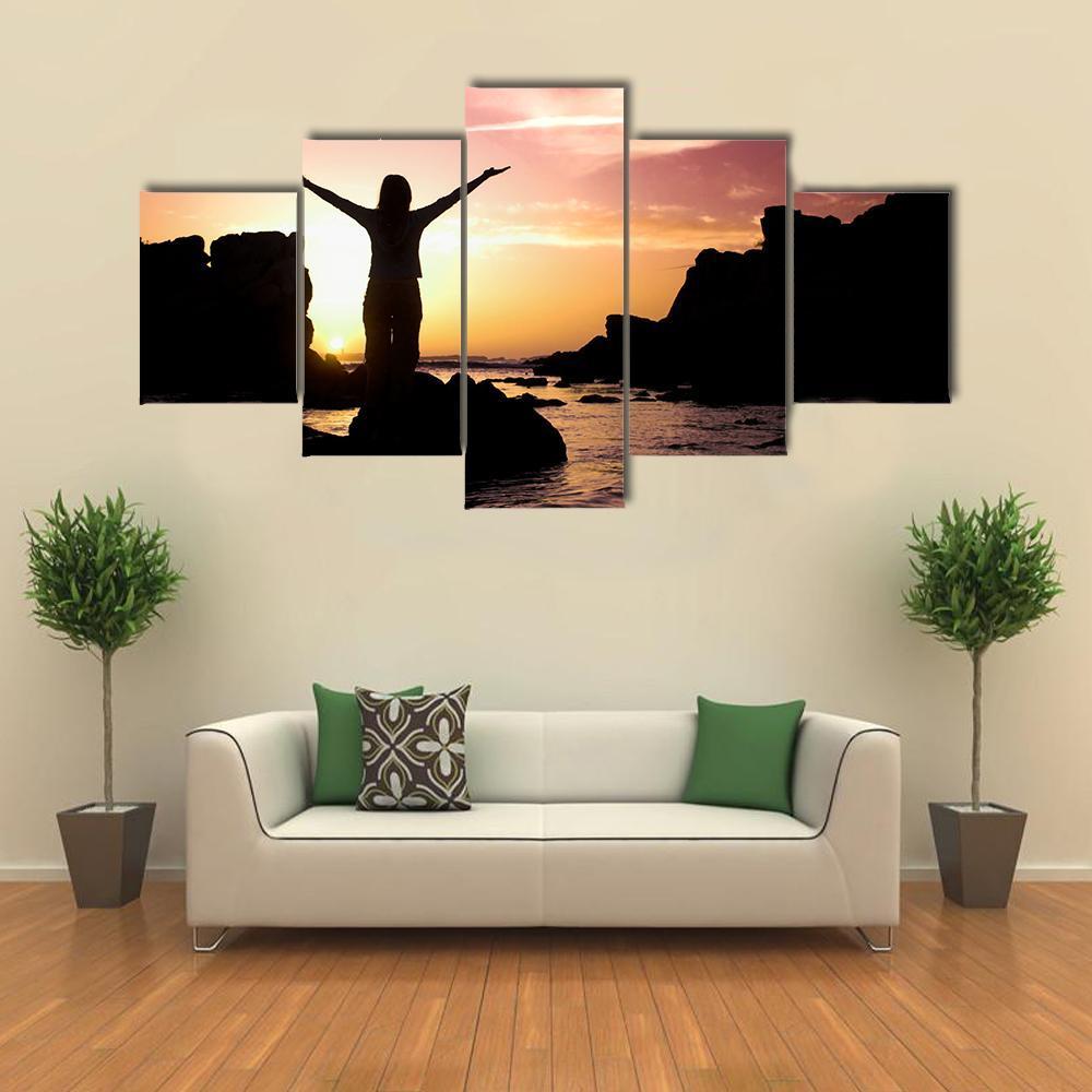 Woman Silhouette After Success Canvas Wall Art-5 Star-Gallery Wrap-62" x 32"-Tiaracle
