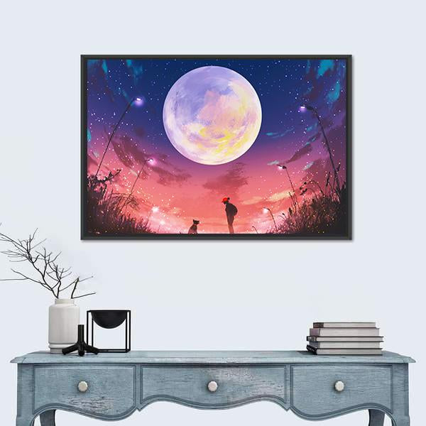 Woman With Dog At Beautiful Night Canvas Wall Art-1 Piece-Floating Frame-24" x 16"-Tiaracle