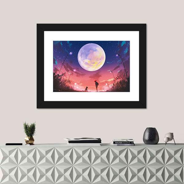 Woman With Dog At Beautiful Night Canvas Wall Art-1 Piece-Framed Print-20" x 16"-Tiaracle