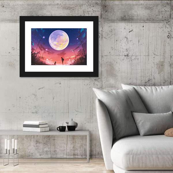 Woman With Dog At Beautiful Night Canvas Wall Art-3 Horizontal-Gallery Wrap-25" x 16"-Tiaracle