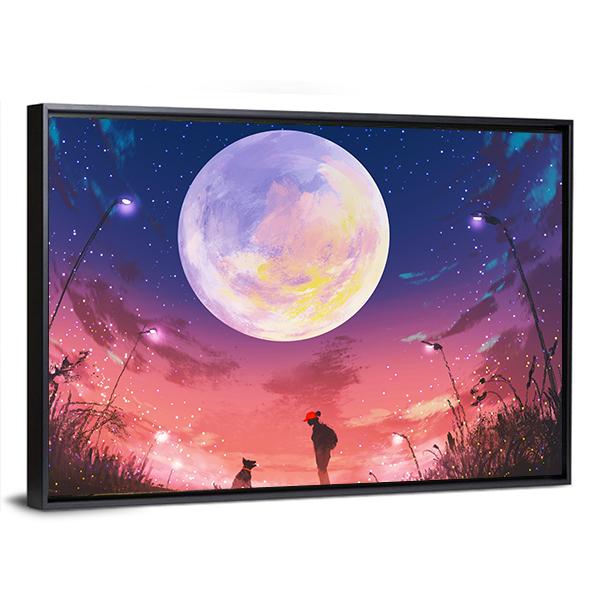 Woman With Dog At Beautiful Night Canvas Wall Art-3 Horizontal-Gallery Wrap-25" x 16"-Tiaracle