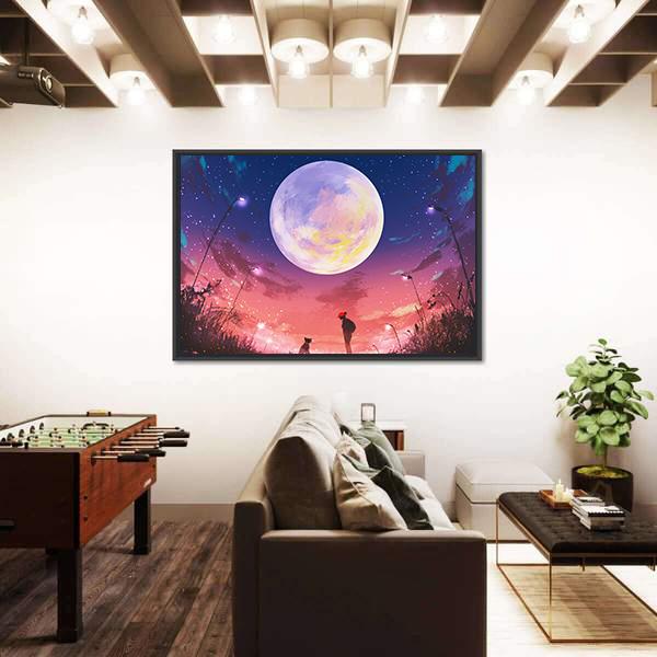 Woman With Dog At Beautiful Night Canvas Wall Art-3 Horizontal-Gallery Wrap-25" x 16"-Tiaracle