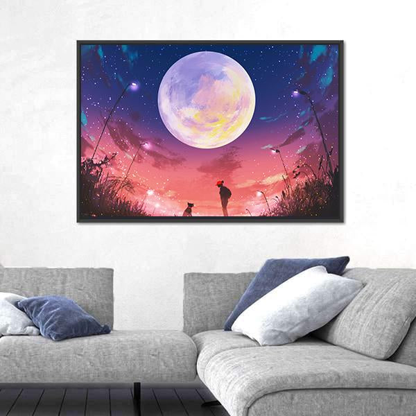 Woman With Dog At Beautiful Night Canvas Wall Art-3 Horizontal-Gallery Wrap-25" x 16"-Tiaracle