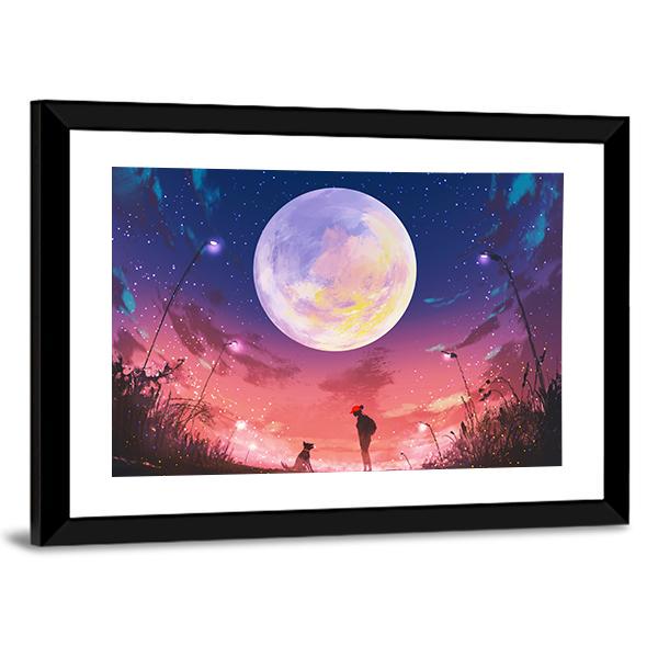 Woman With Dog At Beautiful Night Canvas Wall Art-3 Horizontal-Gallery Wrap-25" x 16"-Tiaracle