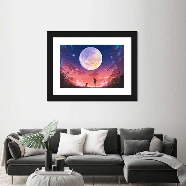 Woman With Dog At Beautiful Night Canvas Wall Art-3 Horizontal-Gallery Wrap-25" x 16"-Tiaracle