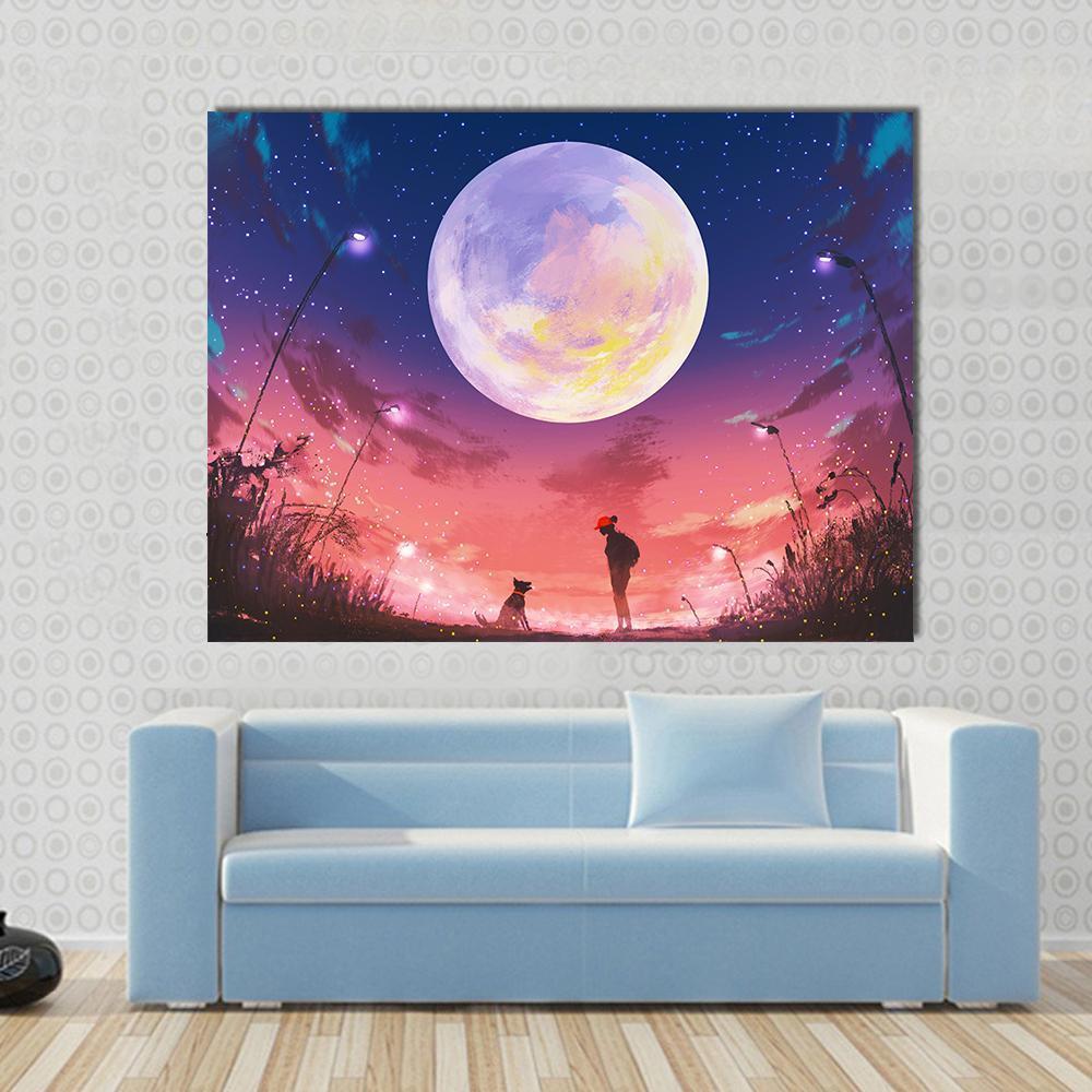 Woman With Dog At Beautiful Night Canvas Wall Art-1 Piece-Gallery Wrap-48" x 32"-Tiaracle