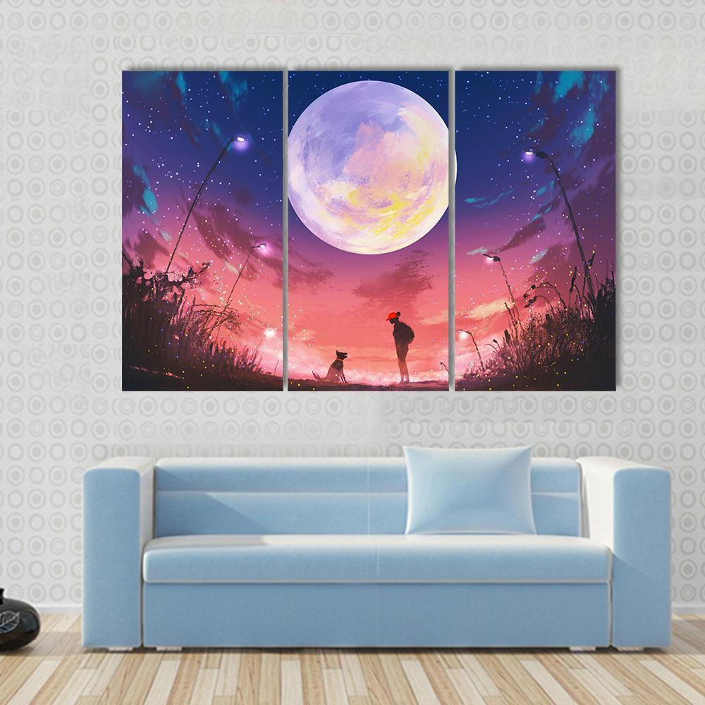 Woman With Dog At Beautiful Night Canvas Wall Art-3 Horizontal-Gallery Wrap-37" x 24"-Tiaracle