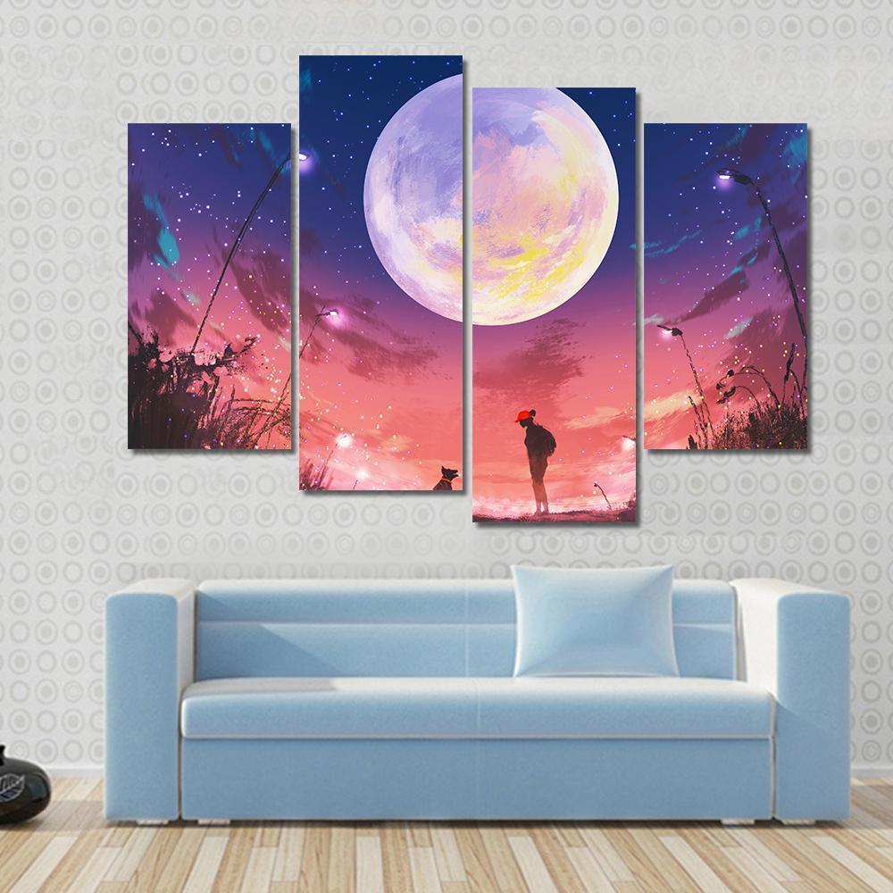 Woman With Dog At Beautiful Night Canvas Wall Art-4 Pop-Gallery Wrap-50" x 32"-Tiaracle