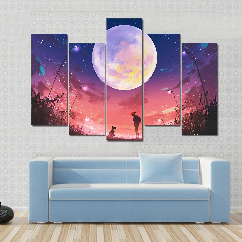 Woman With Dog At Beautiful Night Canvas Wall Art-5 Pop-Gallery Wrap-47" x 32"-Tiaracle