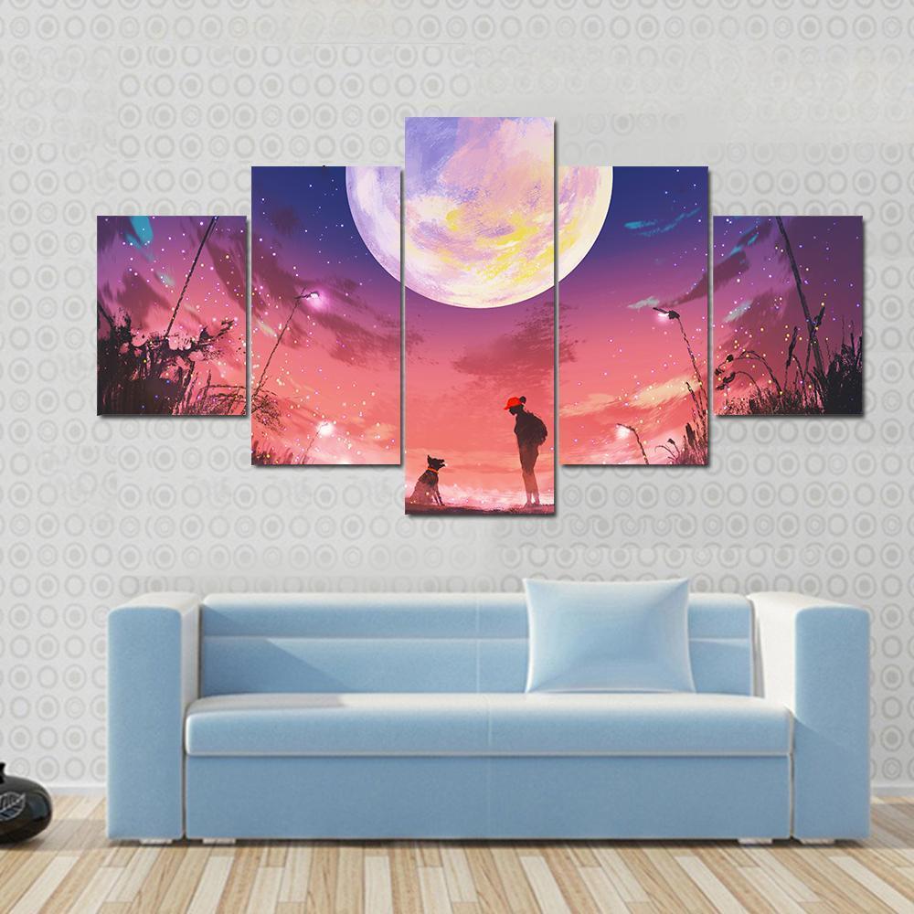 Woman With Dog At Beautiful Night Canvas Wall Art-5 Star-Gallery Wrap-62" x 32"-Tiaracle