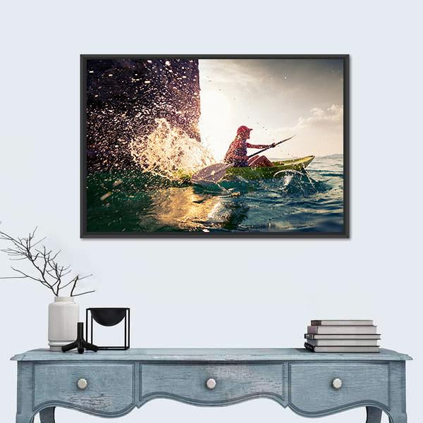 Woman With The Kayak In Sea Canvas Wall Art-1 Piece-Floating Frame-24" x 16"-Tiaracle