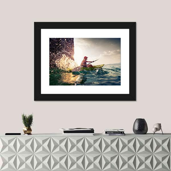 Woman With The Kayak In Sea Canvas Wall Art-1 Piece-Framed Print-20" x 16"-Tiaracle