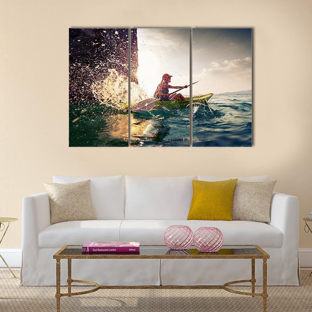 Woman With The Kayak In Sea Canvas Wall Art-3 Horizontal-Gallery Wrap-37" x 24"-Tiaracle