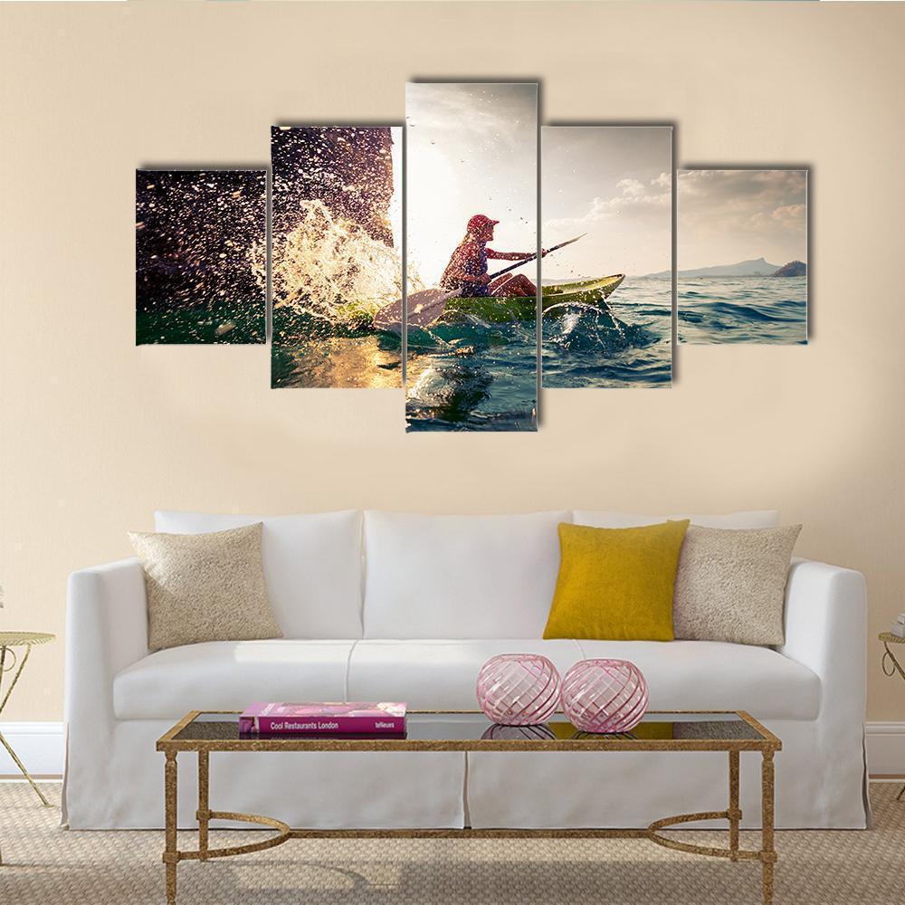 Woman With The Kayak In Sea Canvas Wall Art-5 Star-Gallery Wrap-62" x 32"-Tiaracle