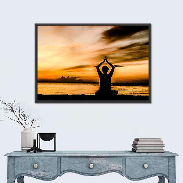 Women Playing Yoga At Beach Side On Sunset Canvas Wall Art-1 Piece-Floating Frame-24" x 16"-Tiaracle