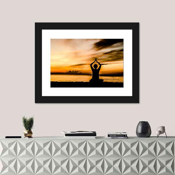 Women Playing Yoga At Beach Side On Sunset Canvas Wall Art-1 Piece-Framed Print-20" x 16"-Tiaracle