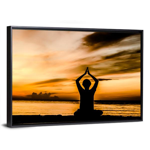 Women Playing Yoga At Beach Side On Sunset Canvas Wall Art-3 Horizontal-Gallery Wrap-25" x 16"-Tiaracle