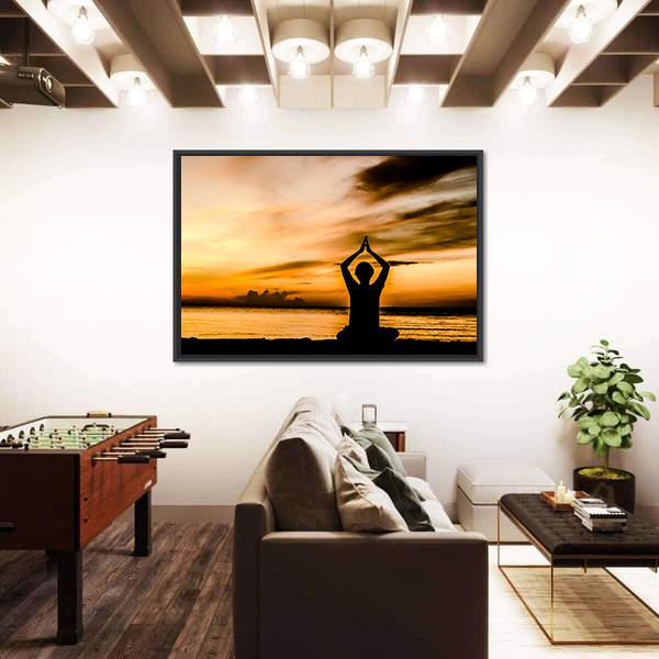 Women Playing Yoga At Beach Side On Sunset Canvas Wall Art-3 Horizontal-Gallery Wrap-25" x 16"-Tiaracle